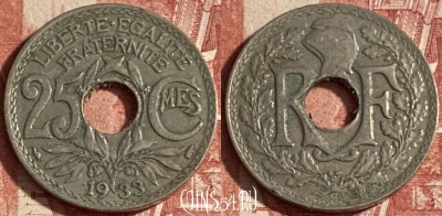 Франция 25 сантимов 1933 года, KM# 867a, 227p-066