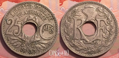 Франция 25 сантимов 1933 года, KM# 867a, 249-028