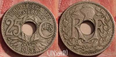 Франция 25 сантимов 1933 года, KM# 867a, 312k-024