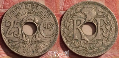 Франция 25 сантимов 1933 года, KM# 867a, 315k-001