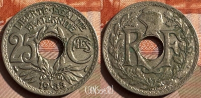 Франция 25 сантимов 1933 года, KM# 867a, 328s-096