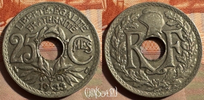 Франция 25 сантимов 1933 года, KM# 867a, 347s-140