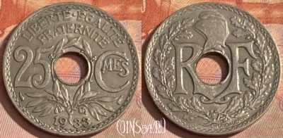 Франция 25 сантимов 1933 года, KM# 867a, 352p-125 ♛