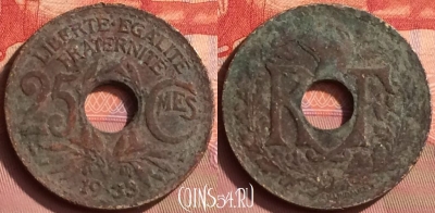 Франция 25 сантимов 1933 года, KM# 867a, 393o-072