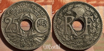 Франция 25 сантимов 1933 года, KM# 867a, 398s-097