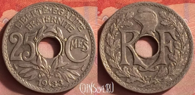 Франция 25 сантимов 1933 года, KM# 867a, 428o-136
