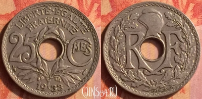 Франция 25 сантимов 1933 года, KM# 867a, 443o-120