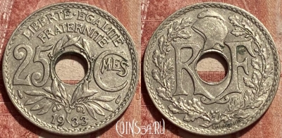 Франция 25 сантимов 1933 года, KM# 867a, 461q-465 ♛