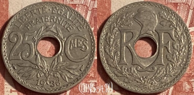 Франция 25 сантимов 1936 г., редкая, KM# 867a, 225p-135 ♛