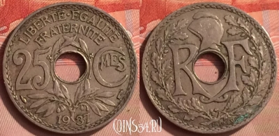 Франция 25 сантимов 1937 года, KM# 867a, 155m-123