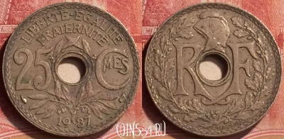 Франция 25 сантимов 1937 года, KM# 867a, 180m-060