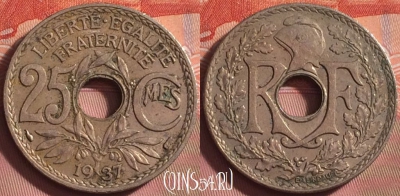 Франция 25 сантимов 1937 года, KM# 867a, 185k-093