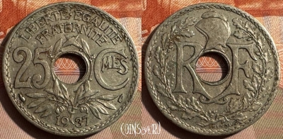 Франция 25 сантимов 1937 года, KM# 867a, 325s-074