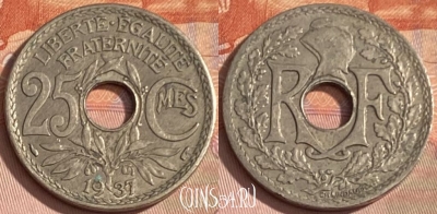 Франция 25 сантимов 1937 года, KM# 867a, 353p-007 ♛