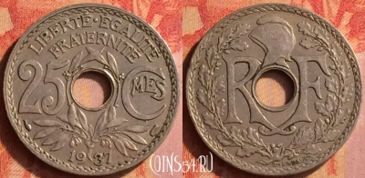 Франция 25 сантимов 1937 года, KM# 867a, 443o-132