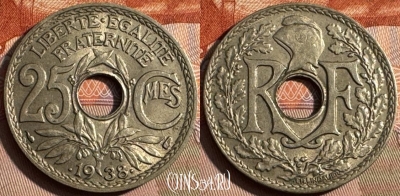Франция 25 сантимов 1938 года, KM# 867b, 230s-080 ♛