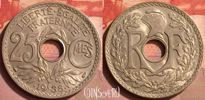 Франция 25 сантимов 1938 года, KM# 867b, 393o-040 ♛