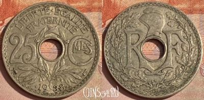 Франция 25 сантимов 1938 года, KM# 867b, 396p-115 ♛