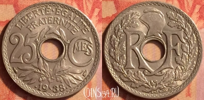 Франция 25 сантимов 1938 года, KM# 867b, 442o-070 ♛