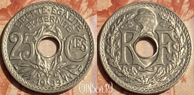 Франция 25 сантимов 1939 года, KM# 867b, 059s-100