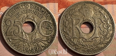 Франция 25 сантимов 1939 года, KM# 867b, 165s-136