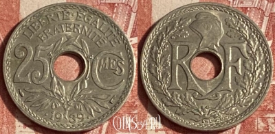 Франция 25 сантимов 1939 года, KM# 867b, 223p-033 ♛