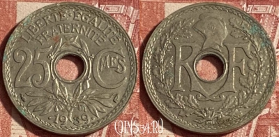 Франция 25 сантимов 1939 года, KM# 867b, 225p-094