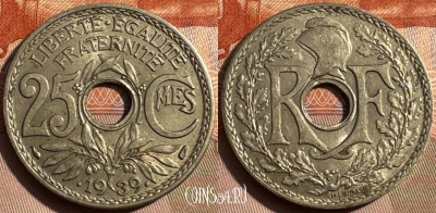 Франция 25 сантимов 1939 года, KM# 867b, 327s-009
