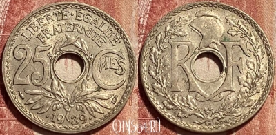 Франция 25 сантимов 1939 года, KM# 867b, 376q-118 ♛