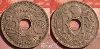Франция 25 сантимов 1939 года, KM# 867b, 393o-101