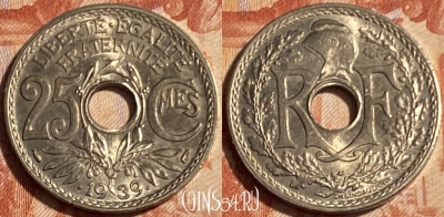 Франция 25 сантимов 1939 года, KM# 867b, 500р-118