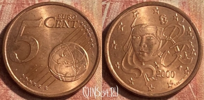 Франция 5 евроцентов 2000 года, KM# 1284, 114p-078