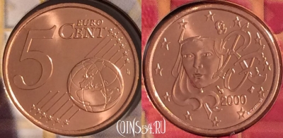 Франция 5 евроцентов 2000 года, KM# 1284, BU, 401n-013 ♛