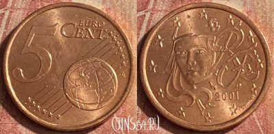 Франция 5 евроцентов 2001 года, KM# 1284, 114p-057