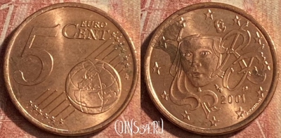 Франция 5 евроцентов 2001 года, KM# 1284, 114p-061