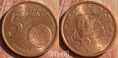 Франция 5 евроцентов 2001 года, KM# 1284, 114p-069