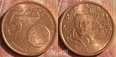 Франция 5 евроцентов 2001 года, KM# 1284, 114p-080