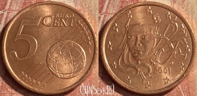 Франция 5 евроцентов 2001 года, KM# 1284, 115p-027