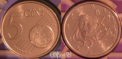 Франция 5 евроцентов 2001 года, KM# 1284, BU, 401n-021 ♛