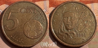 Франция 5 евроцентов 2003 года, KM# 1284, 156s-088