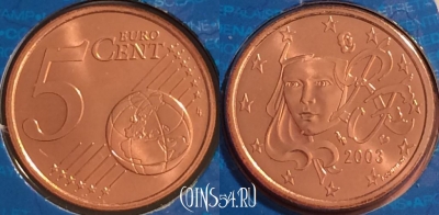 Франция 5 евроцентов 2003 года, KM# 1284, BU, 401n-125 ♛