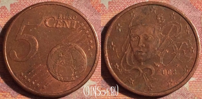 Франция 5 евроцентов 2008 года, KM# 1284, 168i-022