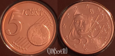 Франция 5 евроцентов 2008 года, KM# 1284, BU, 401n-077 ♛