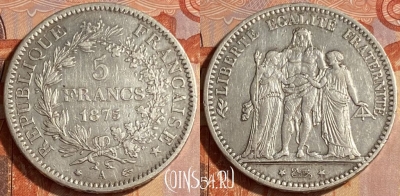 Франция 5 франков 1875 года Ag, KM# 820, 463q-071 ♛