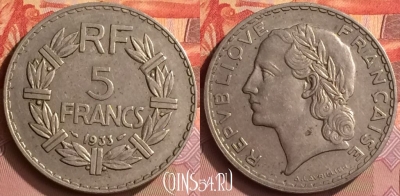 Франция 5 франков 1933 года, KM# 888, 394o-094