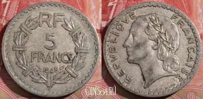 Франция 5 франков 1945 года C, редкая, KM# 888b, 217-094