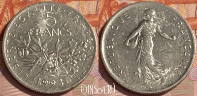 Франция 5 франков 1993 года, KM# 926a, 479р-107 ♛