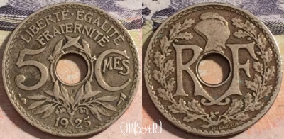 Франция 5 сантимов 1925 года, KM# 875, 174-020