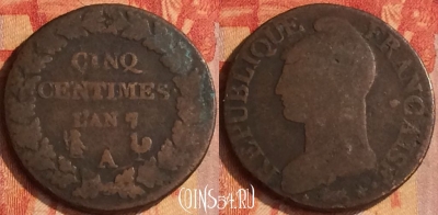 Франция 5 сантимов 1798 L'AN7 года A, KM# 640, 181o-103