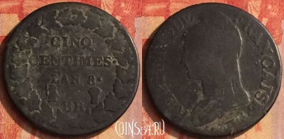 Франция 5 сантимов 1799 L'AN8 года BB, KM# 640, 182o-028